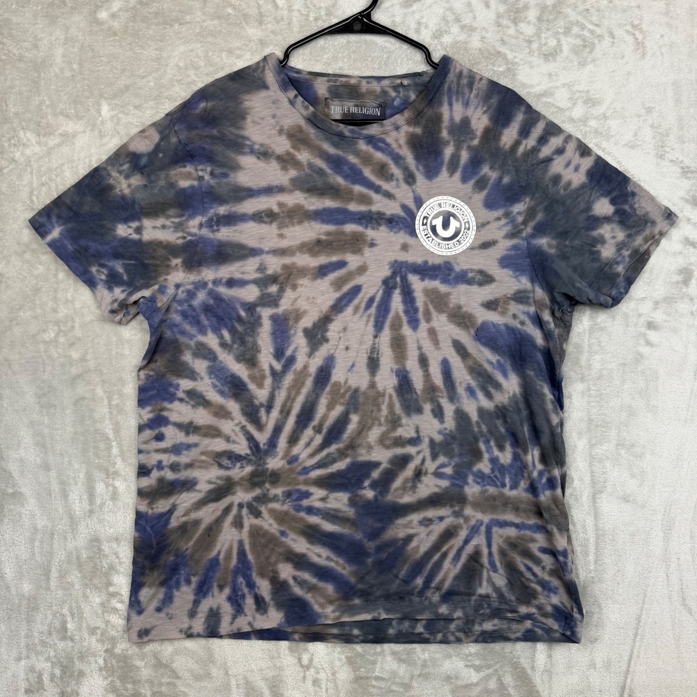 True Religion Mens XXL Blue Grey Tie Dye Horseshoe Logo Graphic T-Shirt